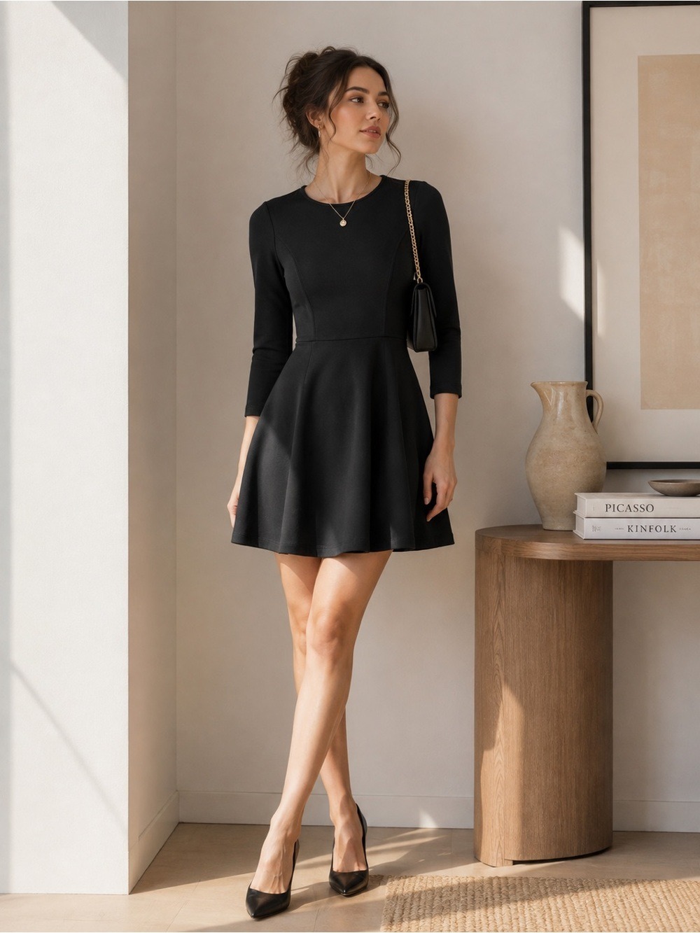 Theory Black Fit & Flare Dress Size 00 | Minimalist LBD 3/4 Sleeve Work to Night